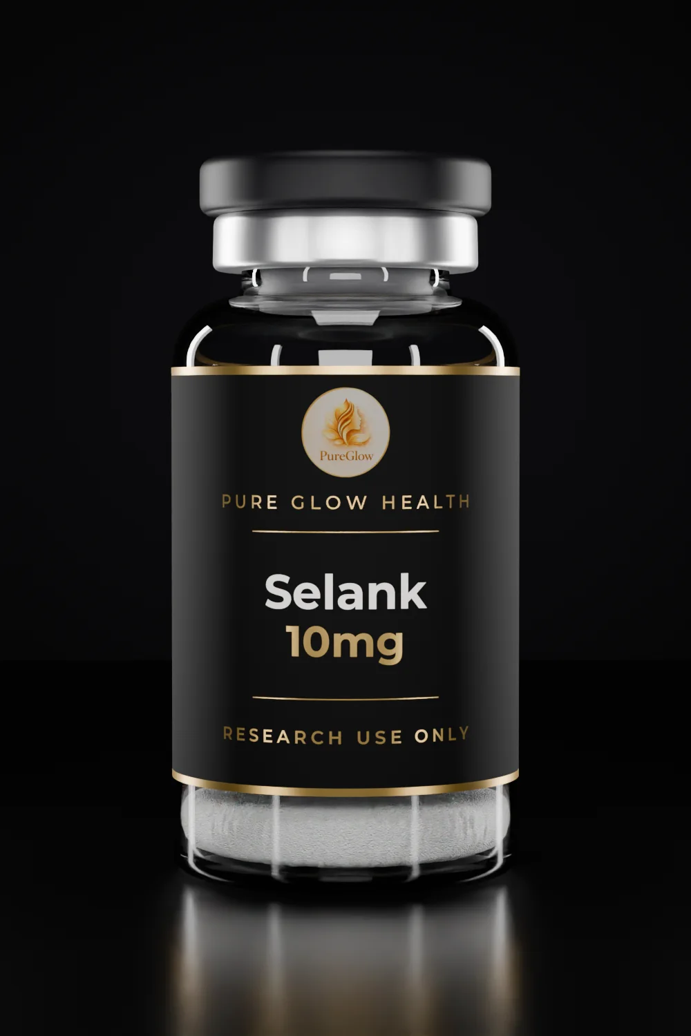 Selank 10mg vial by Pure Glow Health – matte black and gold label, research use only