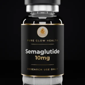 Semaglutide 10mg vial by Pure Glow Health – matte black and gold label, research use only