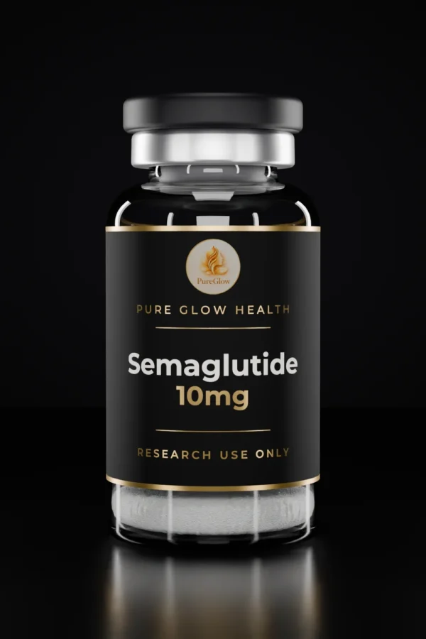 Semaglutide 10mg vial by Pure Glow Health – matte black and gold label, research use only