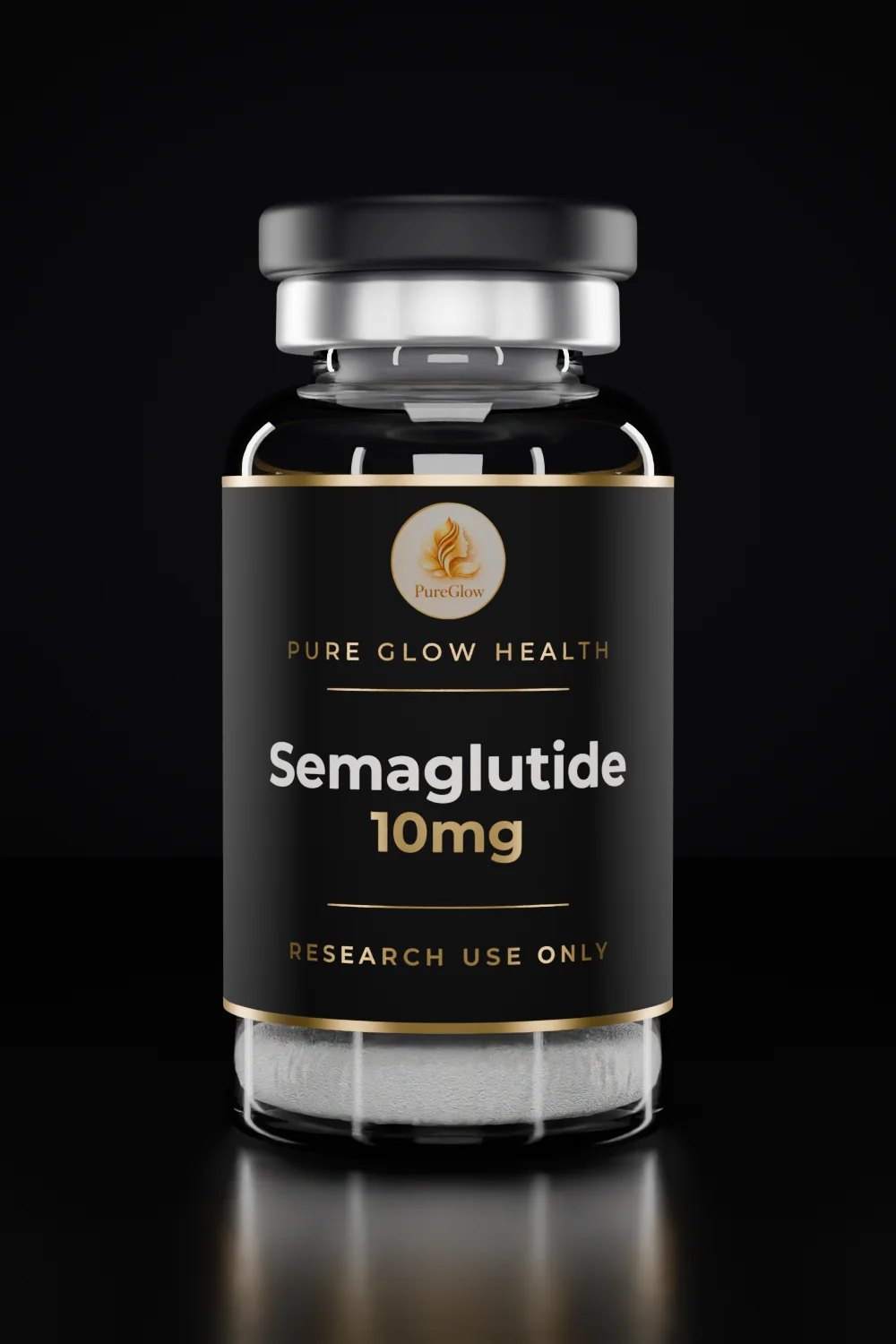 Semaglutide 10mg vial by Pure Glow Health – matte black and gold label, research use only