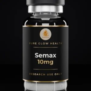 Semax 10mg vial by Pure Glow Health – matte black and gold label, research use only