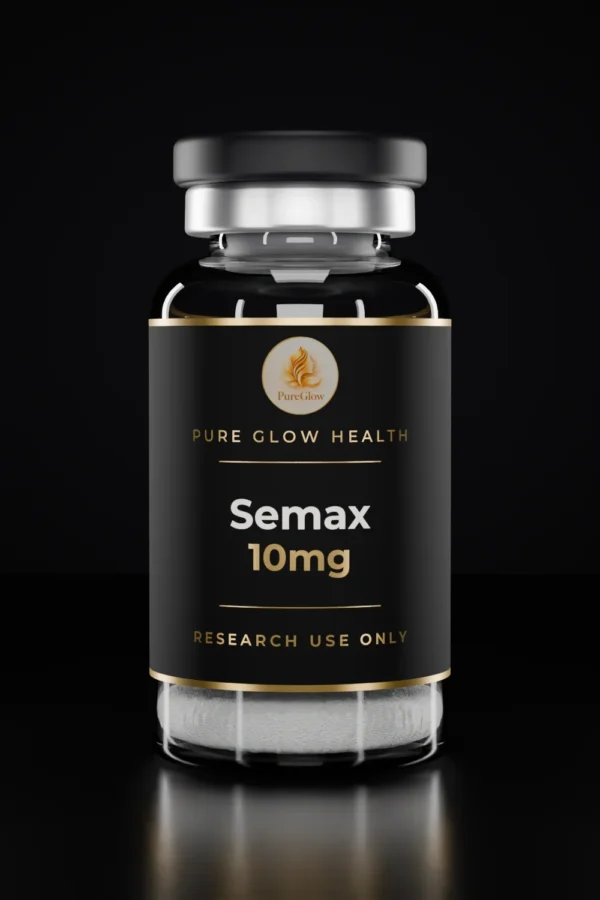 Semax 10mg vial by Pure Glow Health – matte black and gold label, research use only