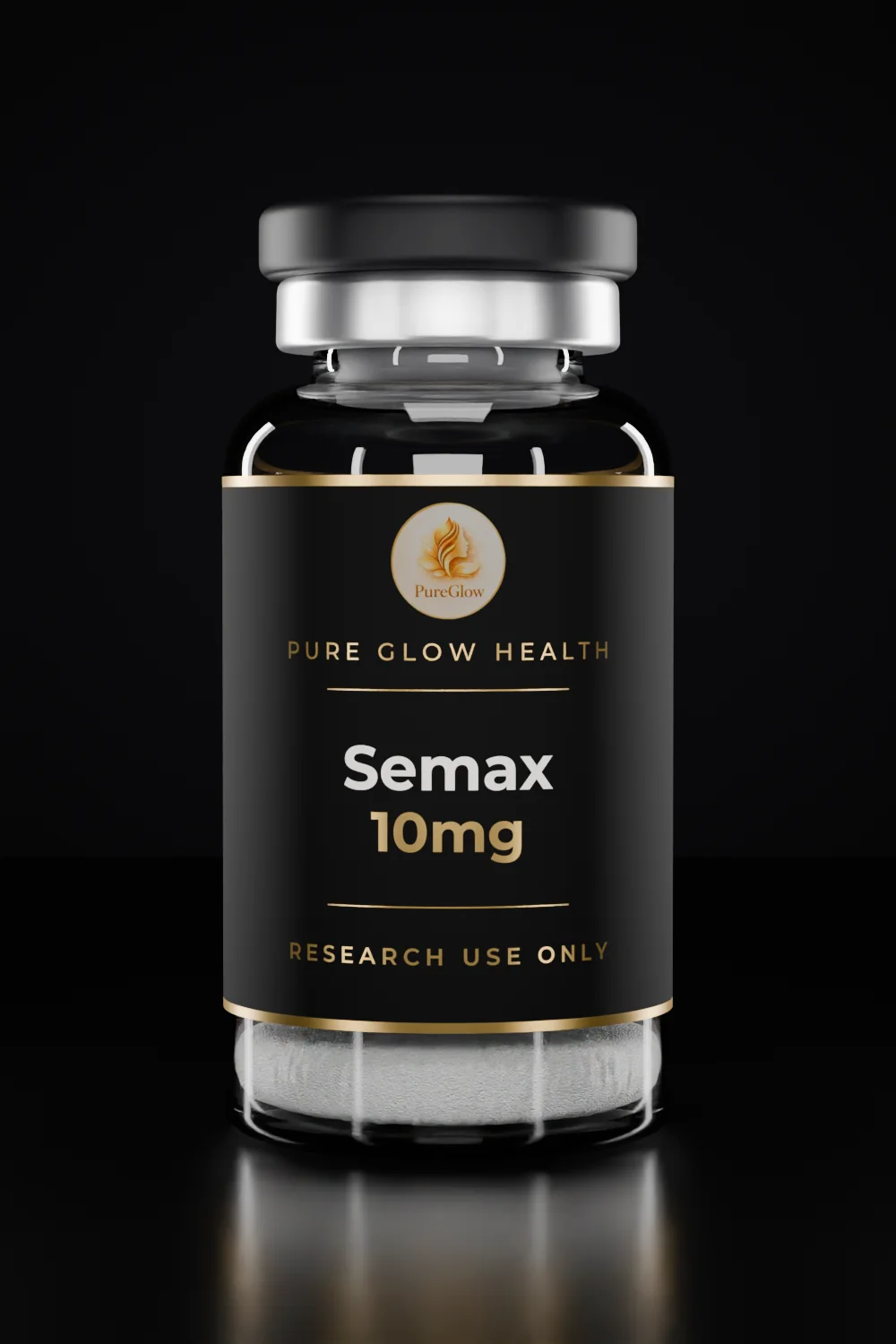 Semax 10mg vial by Pure Glow Health – matte black and gold label, research use only