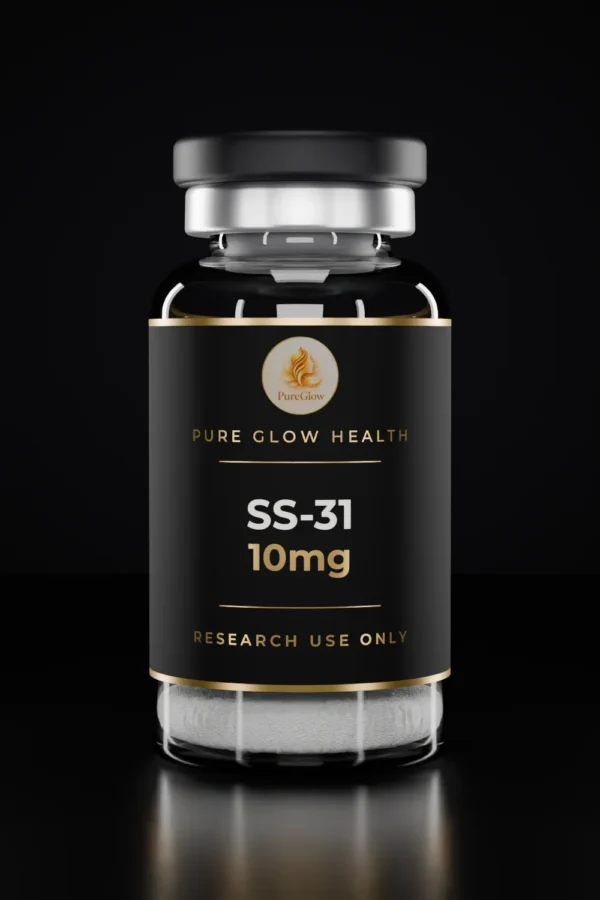 SS-31 10mg vial by Pure Glow Health – matte black and gold label, research use only