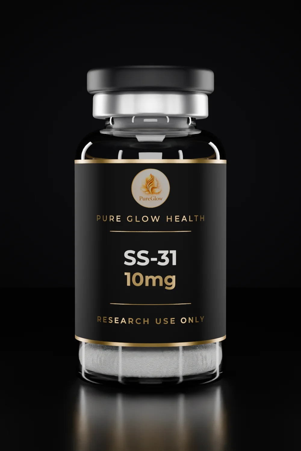 SS-31 10mg vial by Pure Glow Health – matte black and gold label, research use only