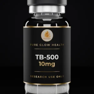 TB-500 10mg vial by Pure Glow Health – matte black and gold label, research use only
