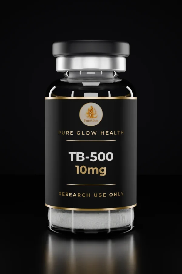 TB-500 10mg vial by Pure Glow Health – matte black and gold label, research use only