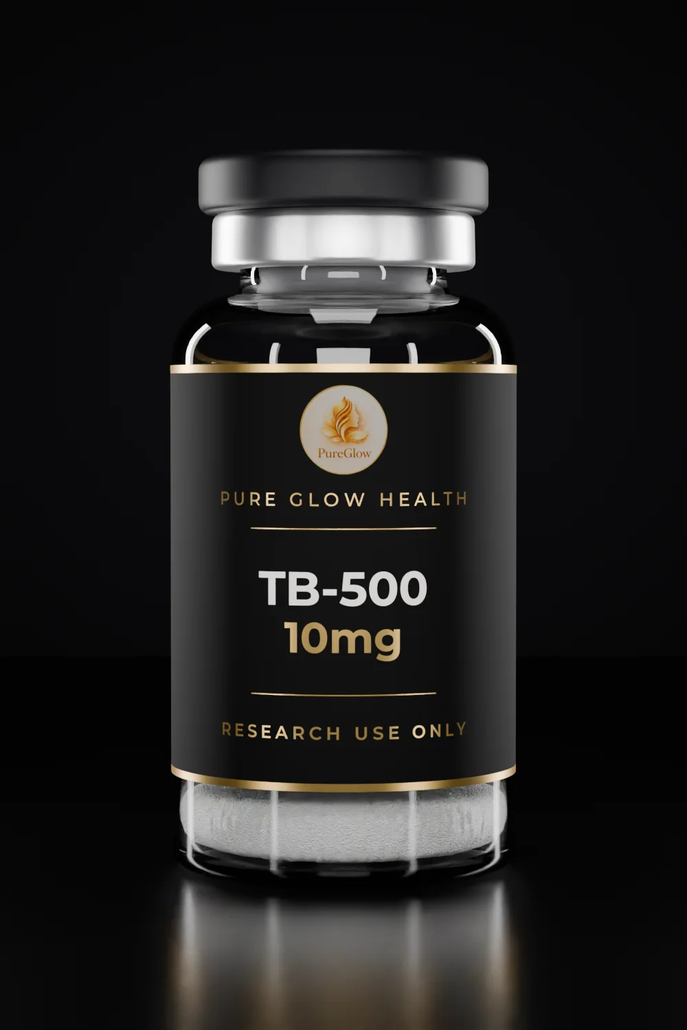 TB-500 10mg vial by Pure Glow Health – matte black and gold label, research use only