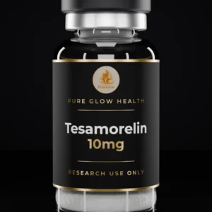 Tesamorelin 10mg vial by Pure Glow Health – matte black and gold label, research use only