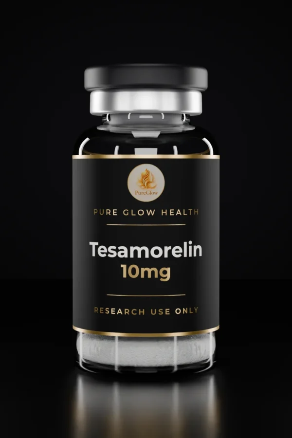 Tesamorelin 10mg vial by Pure Glow Health – matte black and gold label, research use only