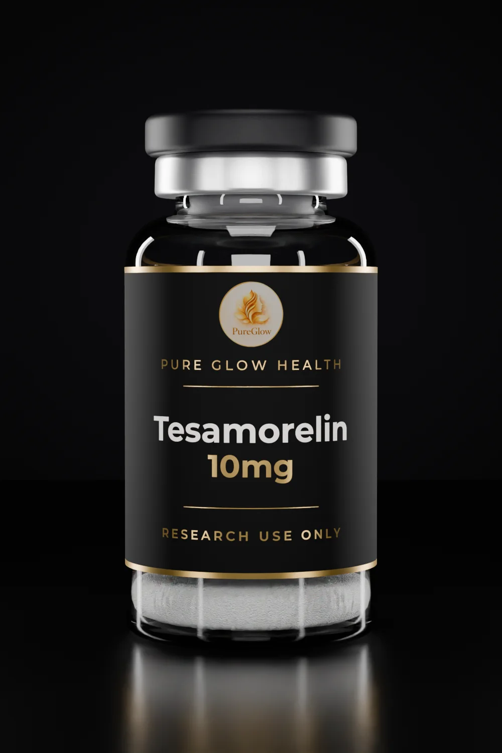 Tesamorelin 10mg vial by Pure Glow Health – matte black and gold label, research use only