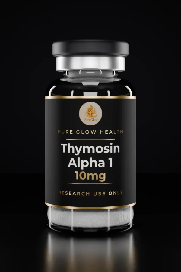 Thymosin Alpha 1 10mg vial by Pure Glow Health – matte black and gold label, research use only