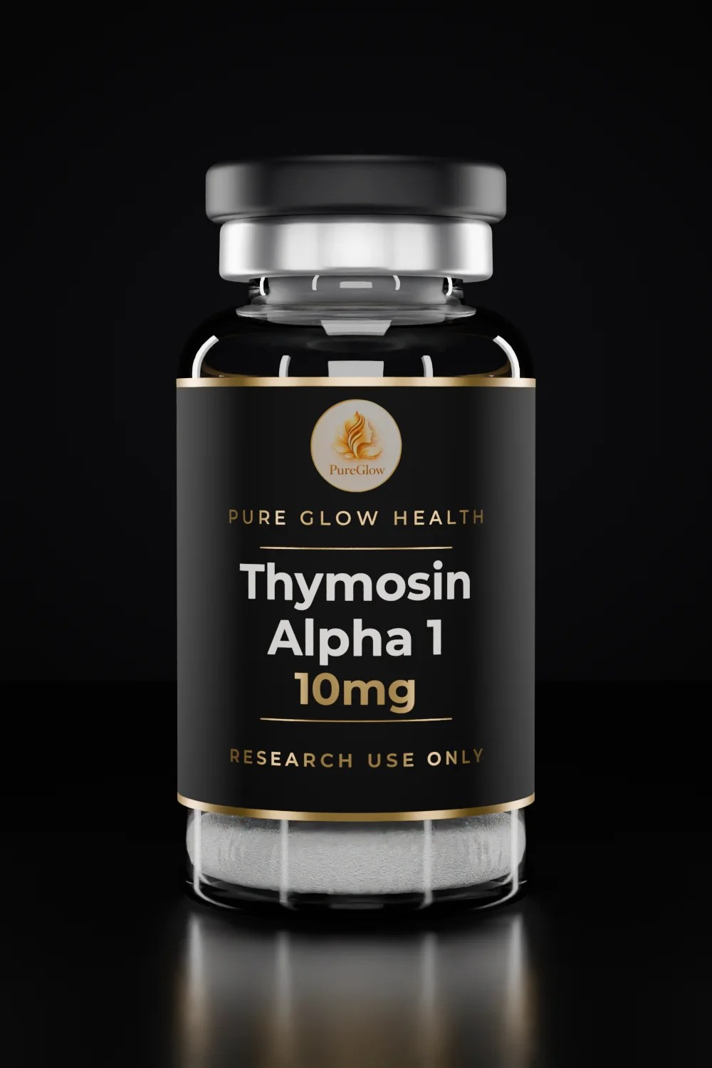 Thymosin Alpha 1 10mg vial by Pure Glow Health – matte black and gold label, research use only