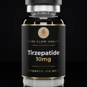Tirzepatide 10mg vial by Pure Glow Health – matte black and gold label, research use only