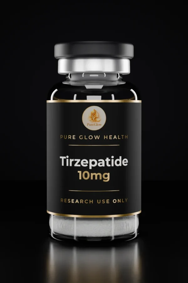 Tirzepatide 10mg vial by Pure Glow Health – matte black and gold label, research use only