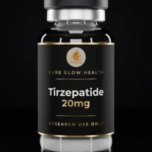 Tirzepatide 20mg vial by Pure Glow Health – matte black and gold label, research use only