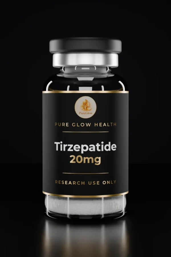 Tirzepatide 20mg vial by Pure Glow Health – matte black and gold label, research use only