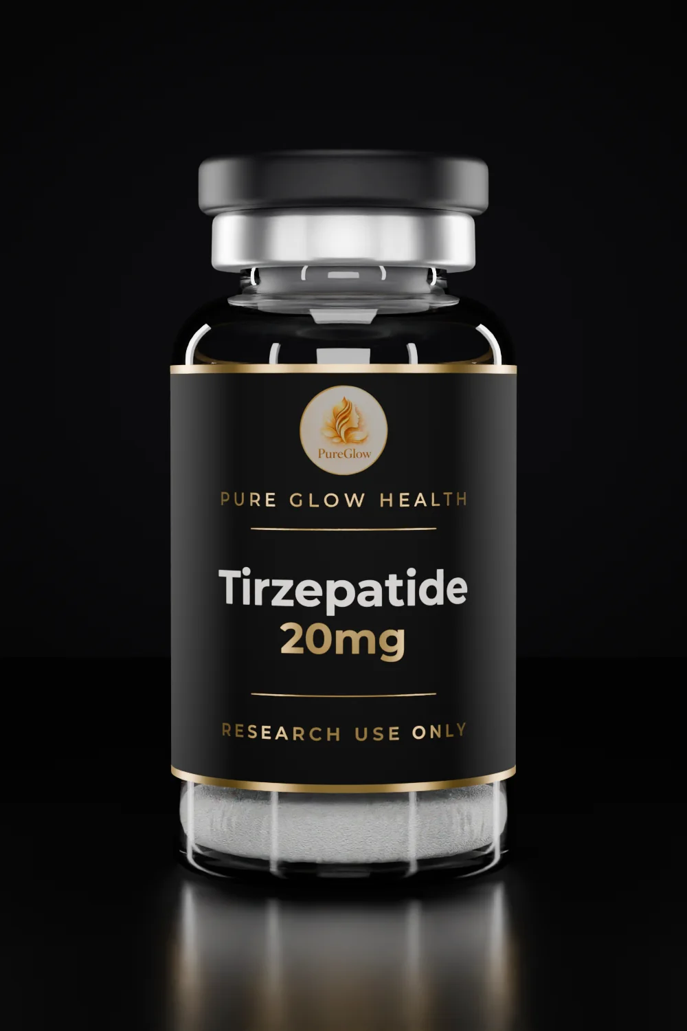 Tirzepatide 20mg vial by Pure Glow Health – matte black and gold label, research use only