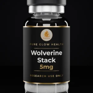 Wolverine Stack 5mg vial by Pure Glow Health – matte black and gold label, research use only