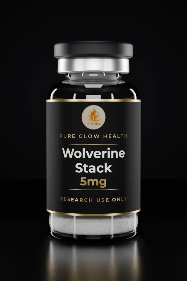 Wolverine Stack 5mg vial by Pure Glow Health – matte black and gold label, research use only