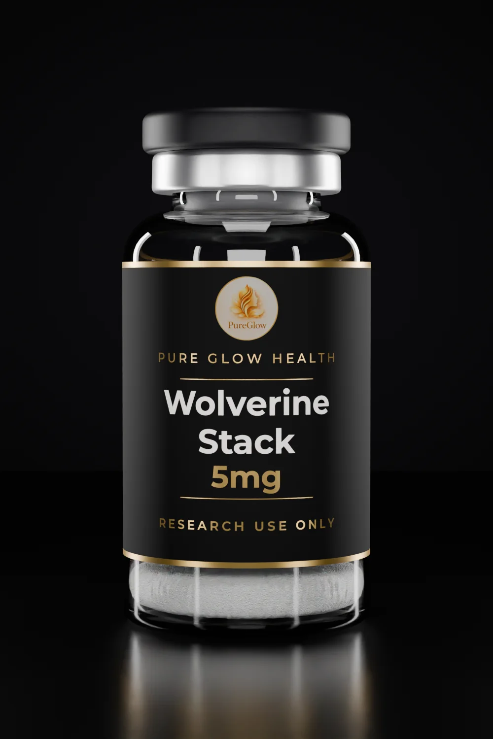 Wolverine Stack 5mg vial by Pure Glow Health – matte black and gold label, research use only
