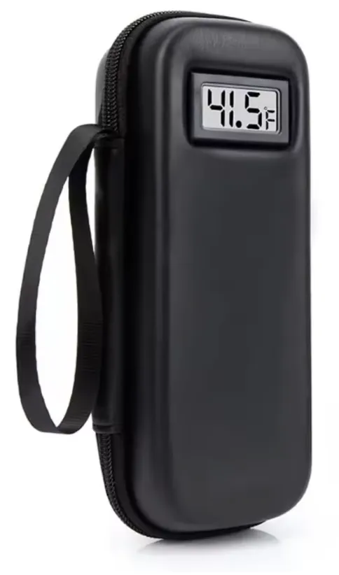 Travel insulin cooler bag in black with built-in digital temperature display