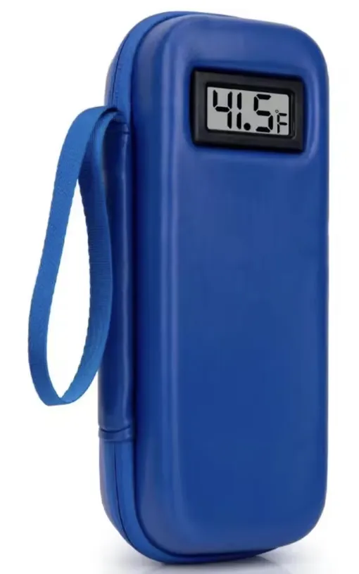 Travel insulin cooler bag in blue with built-in digital temperature display