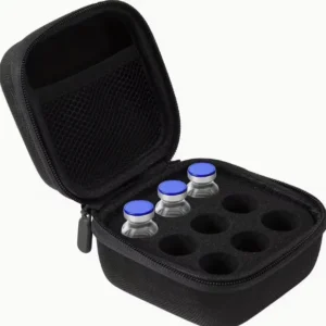 Protective travel storage case holding 9 vials